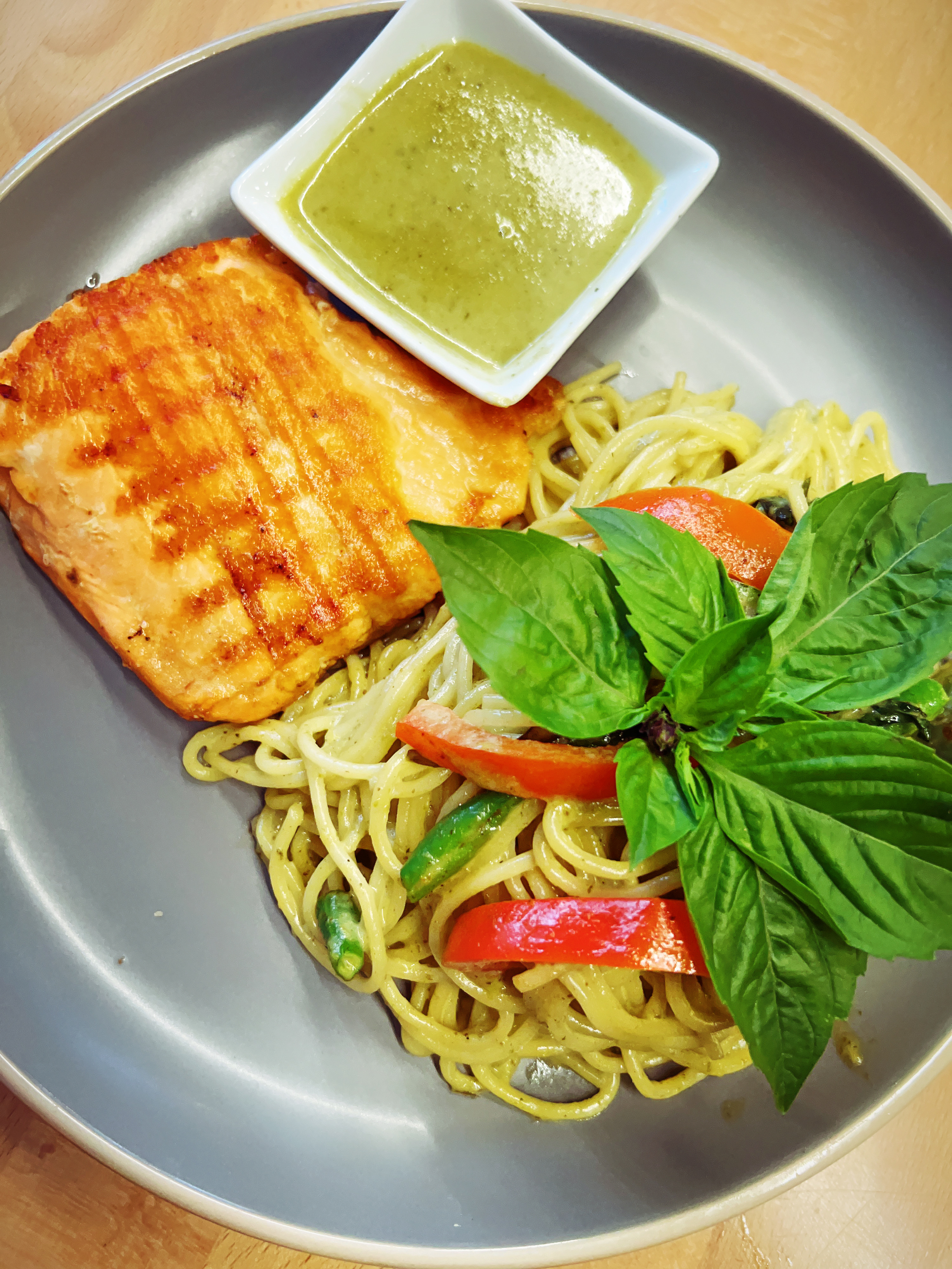 Green Curry Spaghetti with Crispy Salmon.