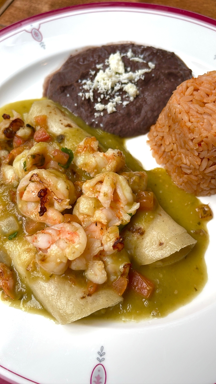 Shrimp Enchiladas Rojas.