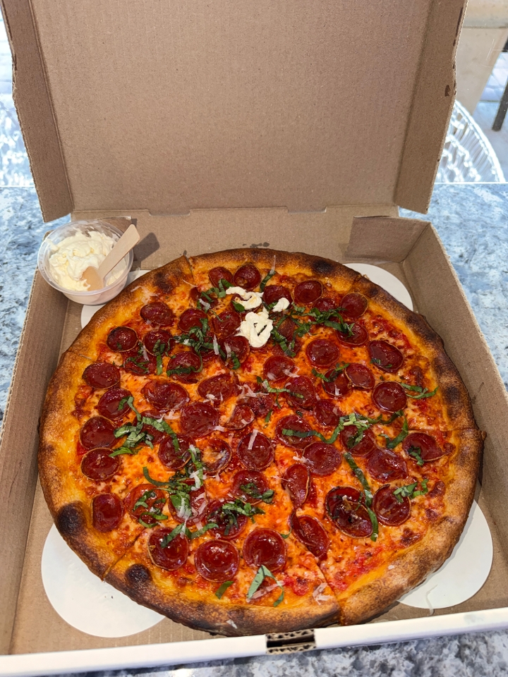 12" Pepperoni, Burrata & Hot Honey Pizza.