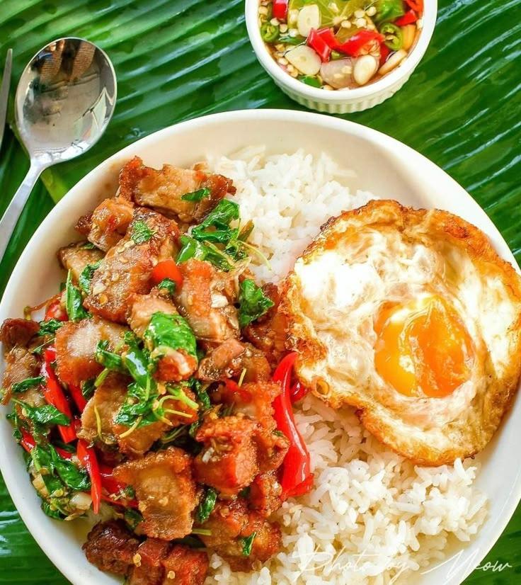 Basil Crispy Pork and fried egg over rice.
