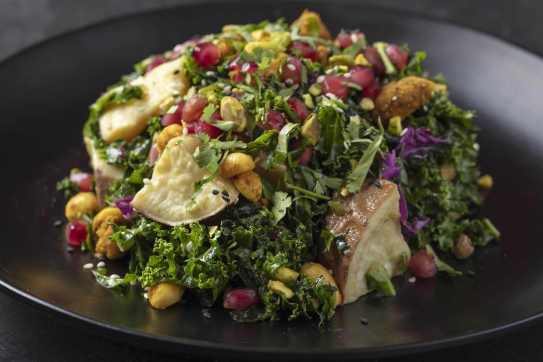Marinated Chili Kale Salad (V, G, D).