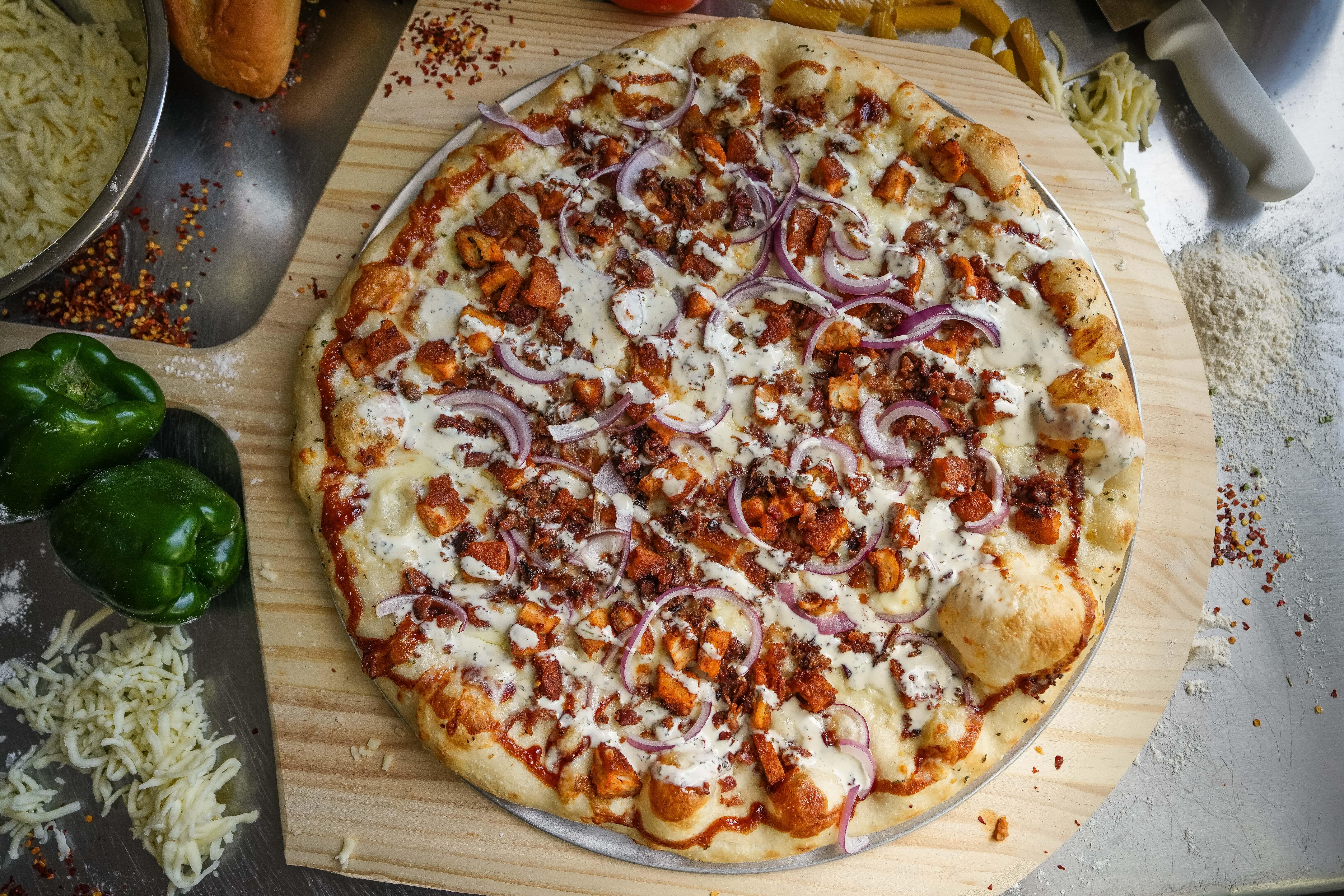 Large BBQ chicken Pizza.