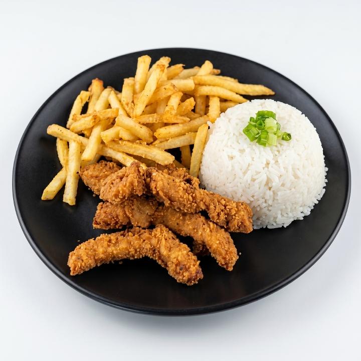 BREADED CHICKEN STRIPS FRIES AND WHITE RICE.