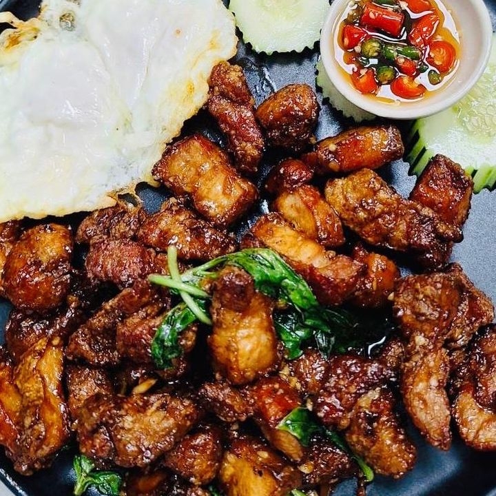 P59 Pad Ka Prao Crispy Pork Belly.