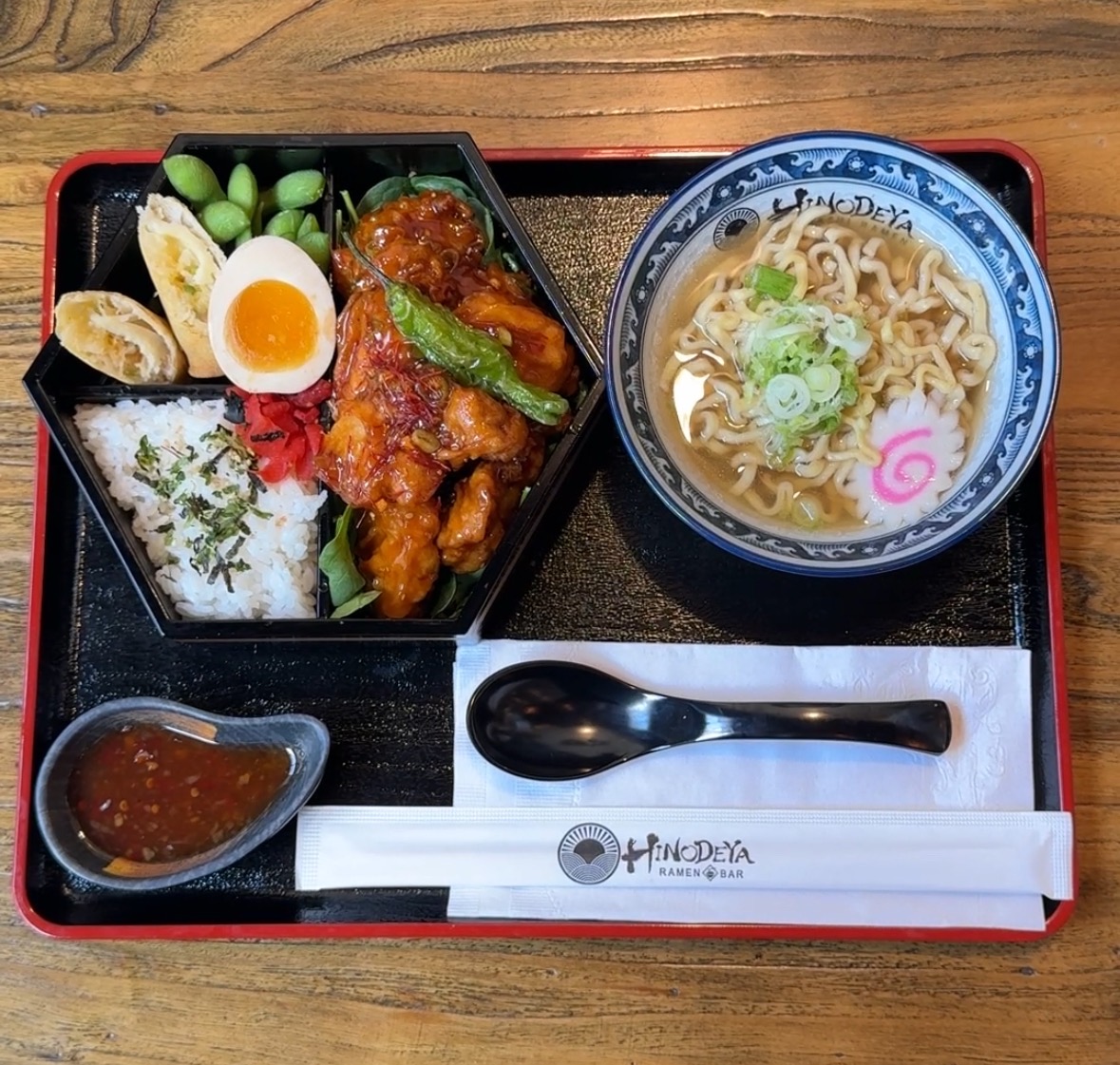 Yu-Lin-Chi (Sweet and Spicy Fried Chicken) Bento with Mini Ramen.