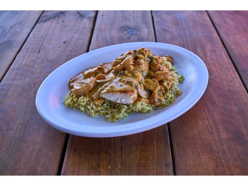Shrimp and Crawfish Topped Mahi.