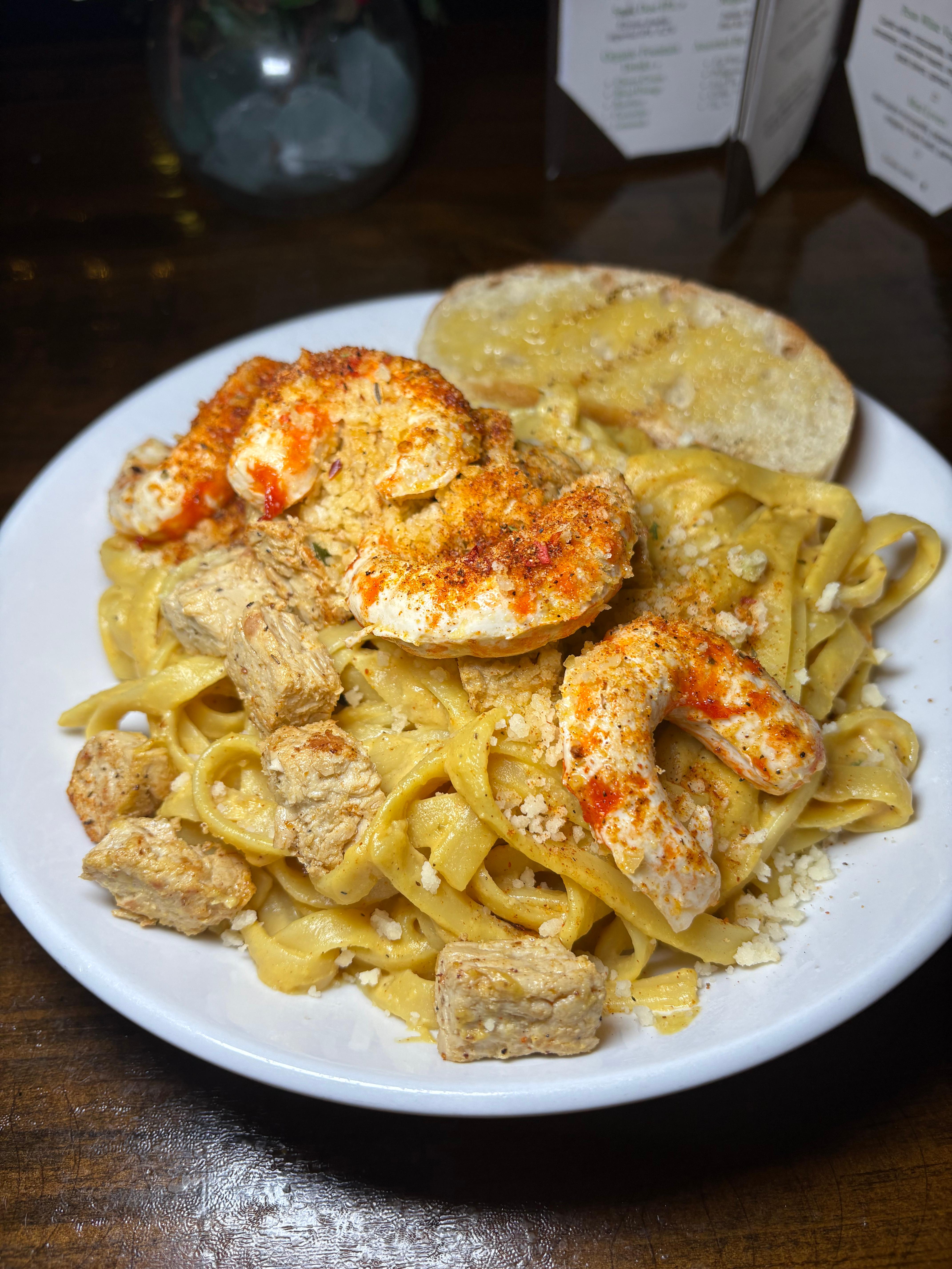 Cajun Chick'n and Shrimp Alfredo.