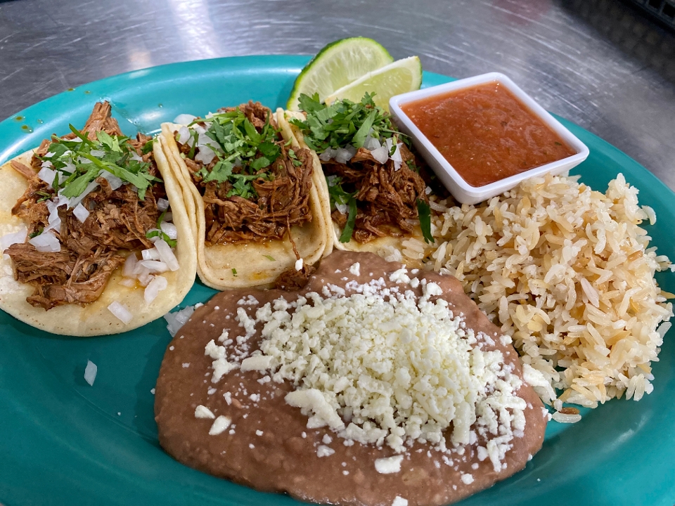 3 Street Tacos,Rice, Beans.