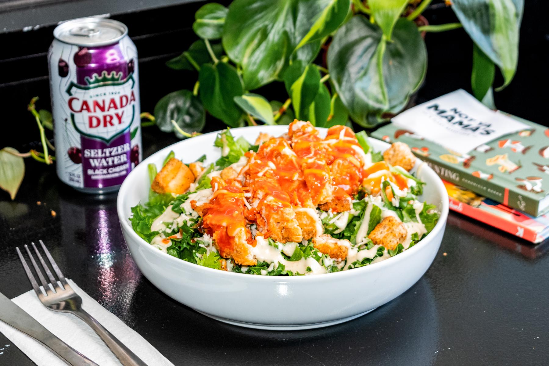 Buffalo Chick'n Caesar Salad.