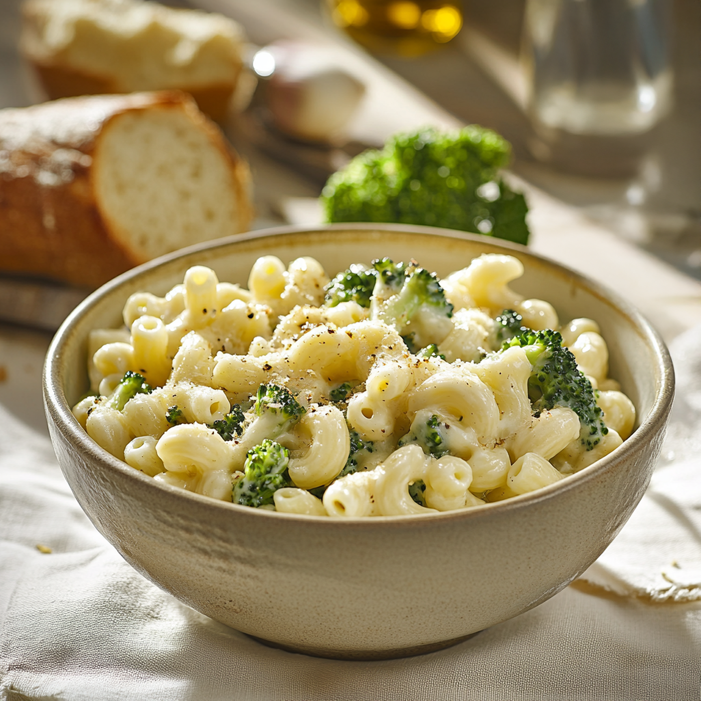 Garlic & Broccoli Mac and Cheese (Elbow macaroni, Cheesy Alfredo sauce, Garlic, and Broccoli).
