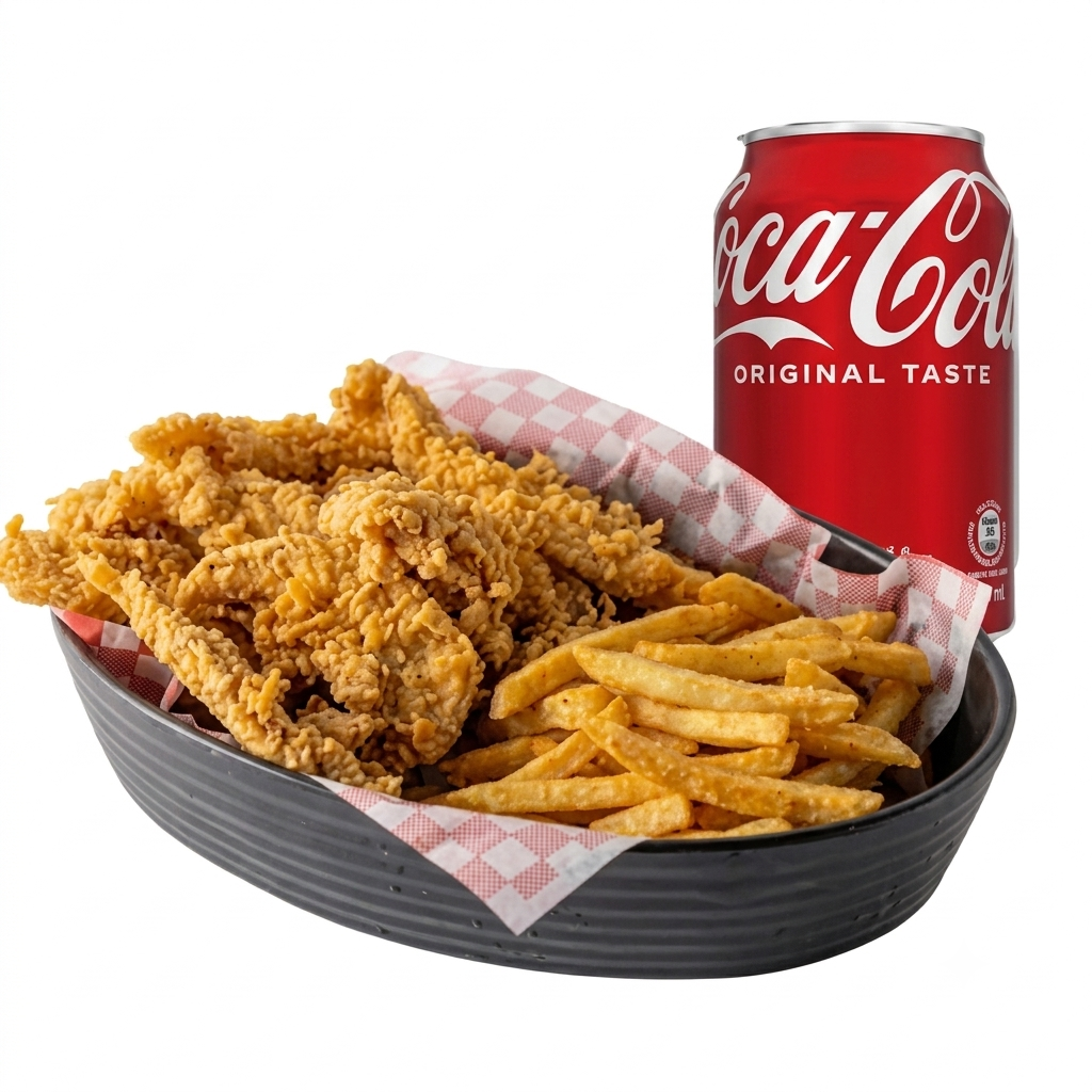 2PC Halal Chicken Jumbo Tenders with regular fries, biscuit, and soda..