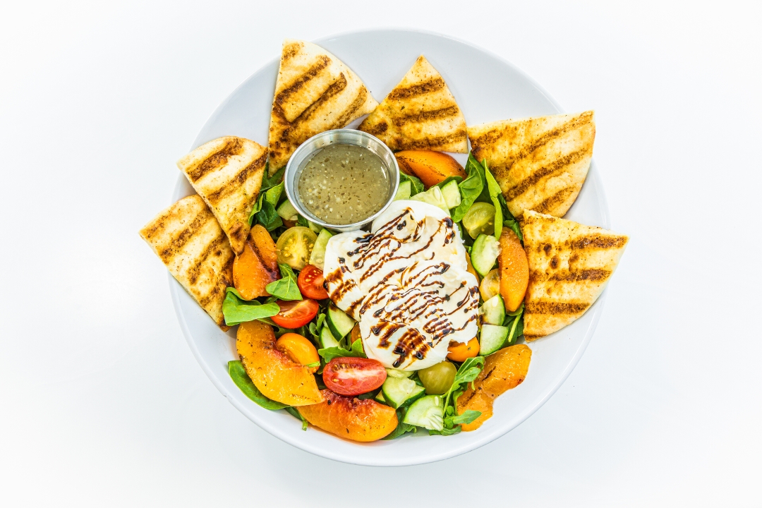 Heirloom Tomato Burrata Salad w Fire-Grilled Peach.