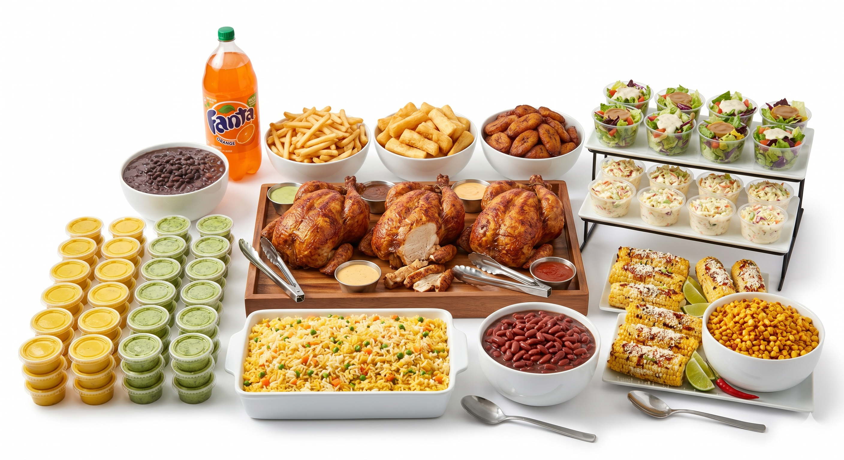 Class 2026 Option #2 (3 Whole Chickens,Large Fries,Large Yuca,Large Plantains, Med tray of Rice, 38oz Black beans & Spicy beans, 8 salads,8 coleslaw, 8 Elotes or 38oz Spicy Corn, & One 2 liters Drink,18 Yellow and 18 Green sauce).