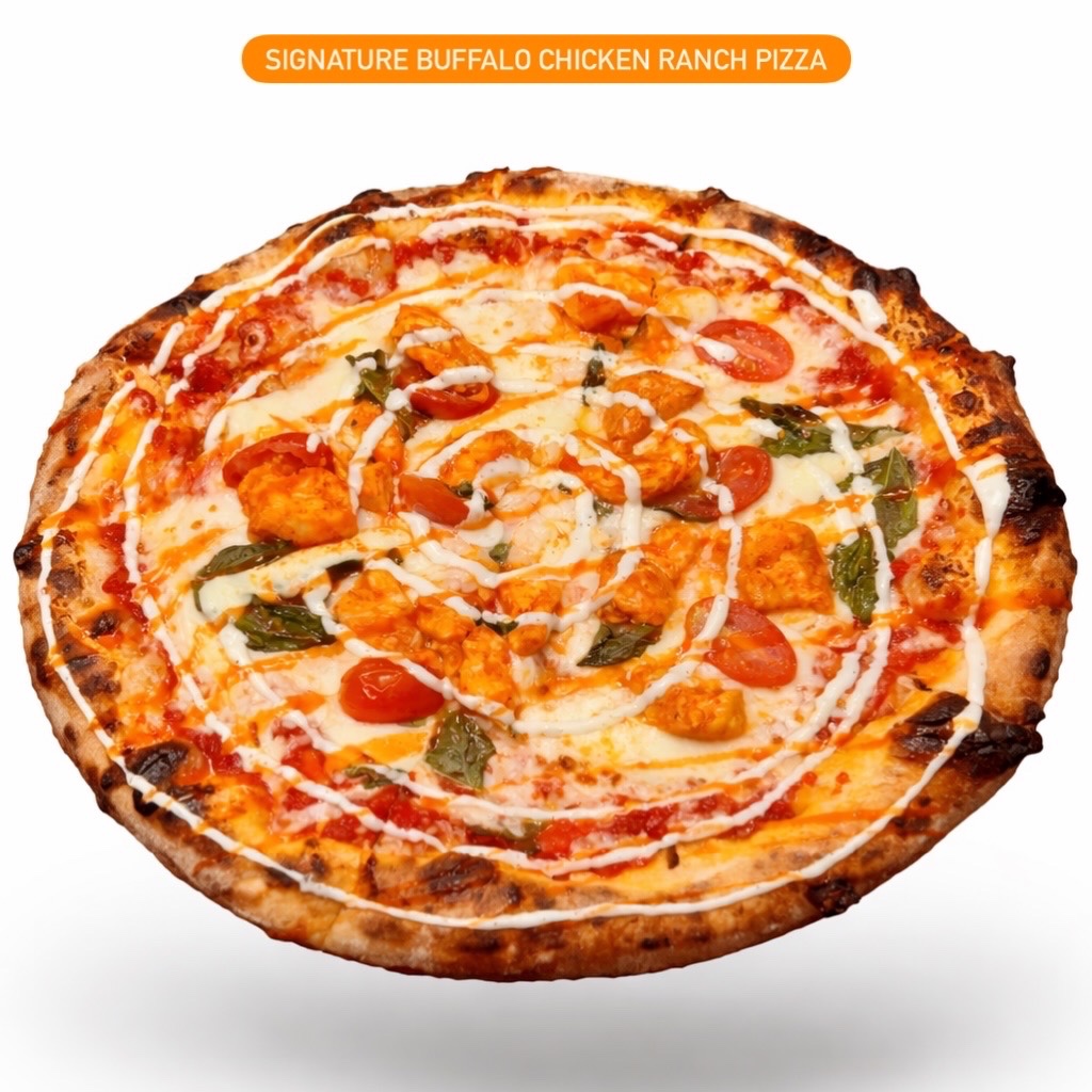 Signature Buffalo Chicken Ranch Pizza.