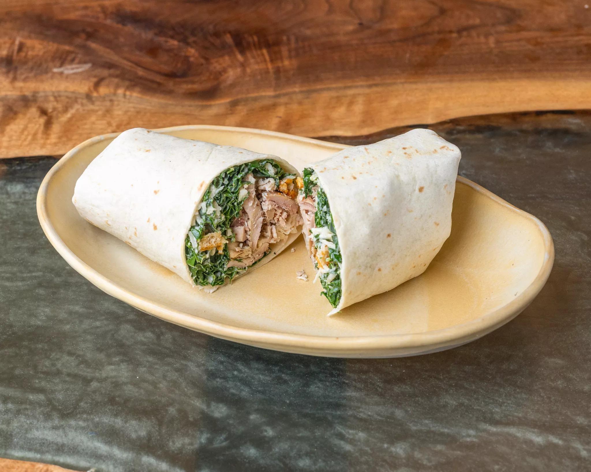 Kale Chicken Caesar Wrap.