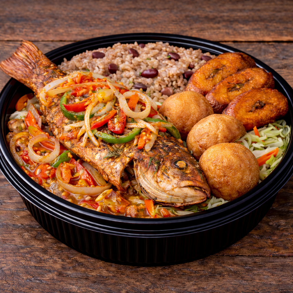 Escovitched Fish with Rice, Sweet Plantains and Veggie Only.
