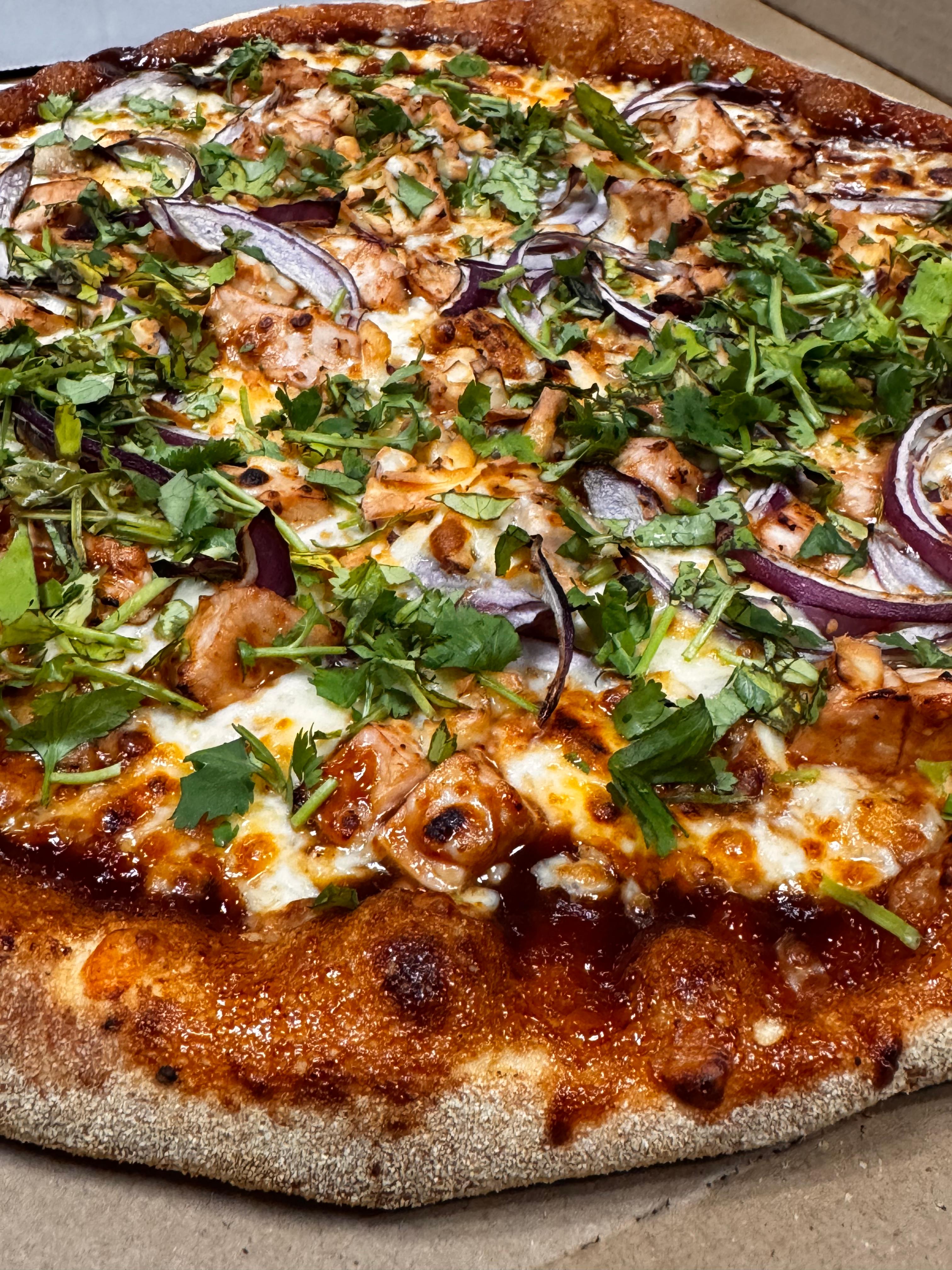 BBQ CHICKEN PIZZA.