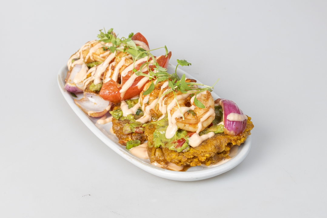 Shrimp and Guasacaca Tostones.