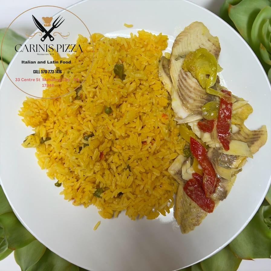 Pescado al Ajillo -Fishes on Garlic Sauce with Rice or Fried Plantain, Mashed Potatoes.
