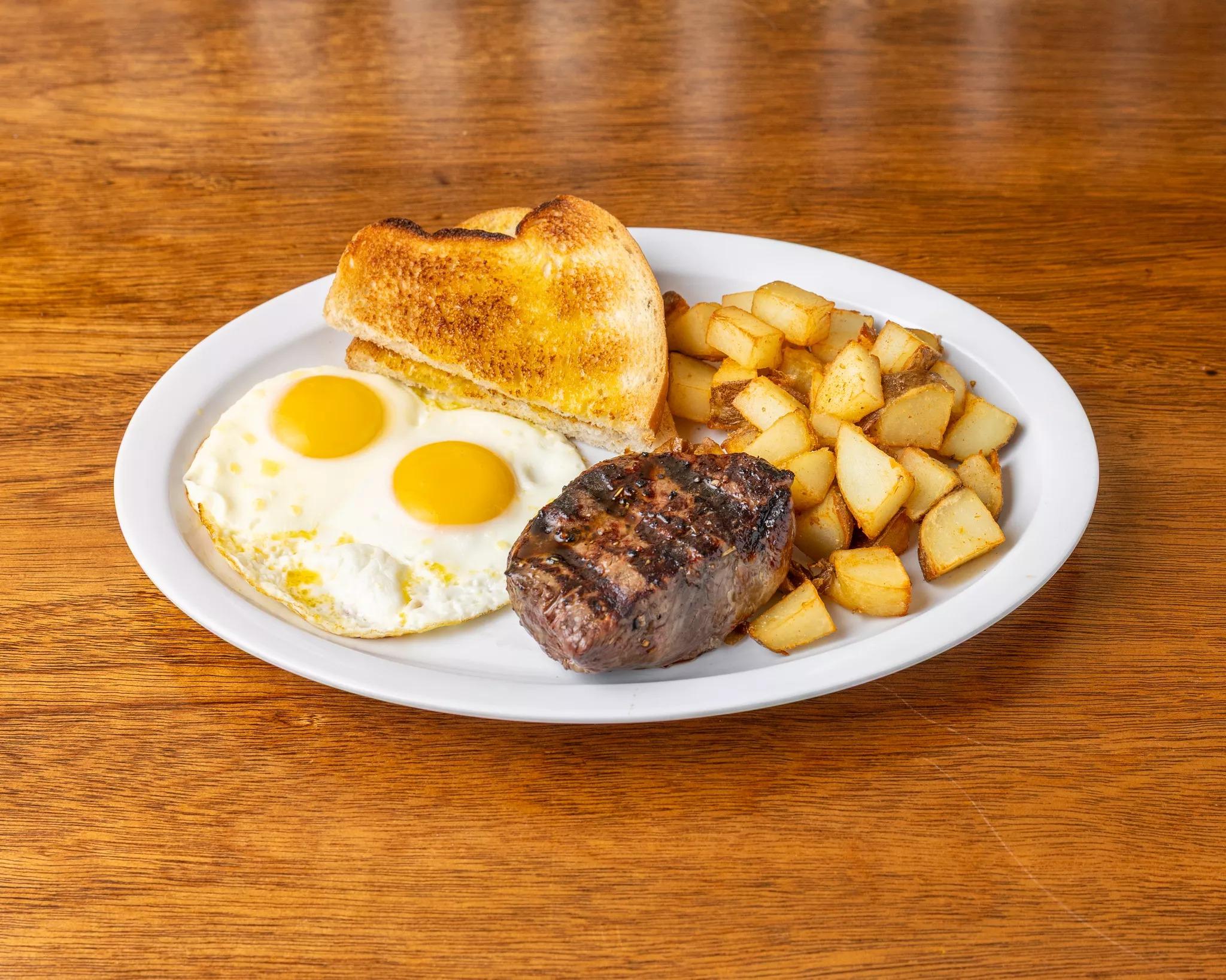 Steak & Eggs - Two Eggs Any Style with 8oz Center Cut Top Sirloin Steak.