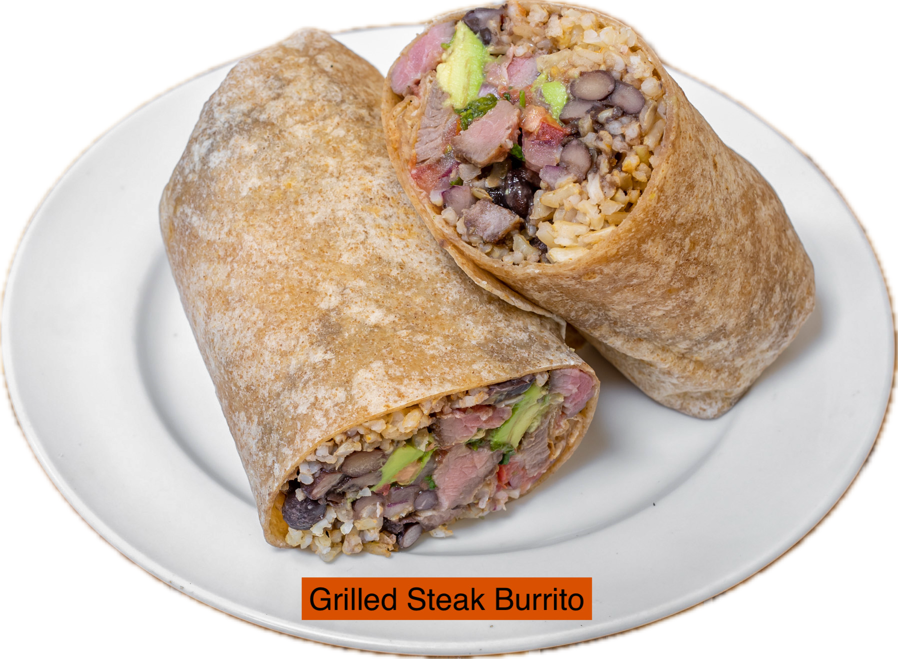 Carne Asada Burrito Mexican Brown Rice, Black Beans, Pico de Gallo, Avocado Hummus.