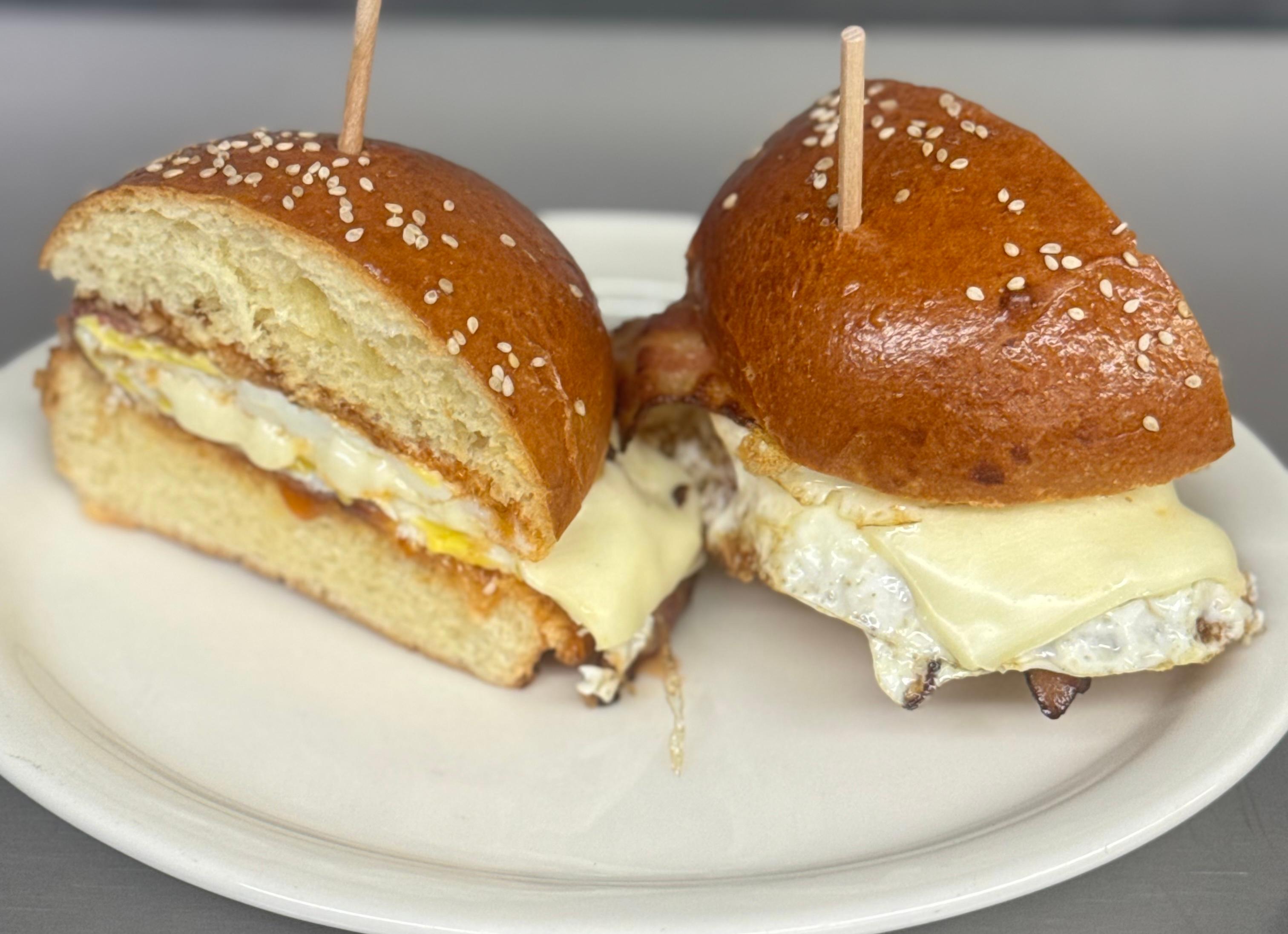 Hot Honey Bacon Egg N Cheese on Brioche Roll.