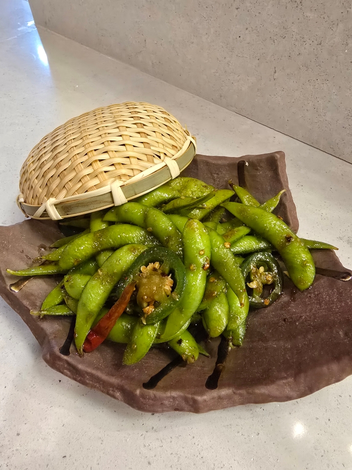 Spicy Garlic Edamame.