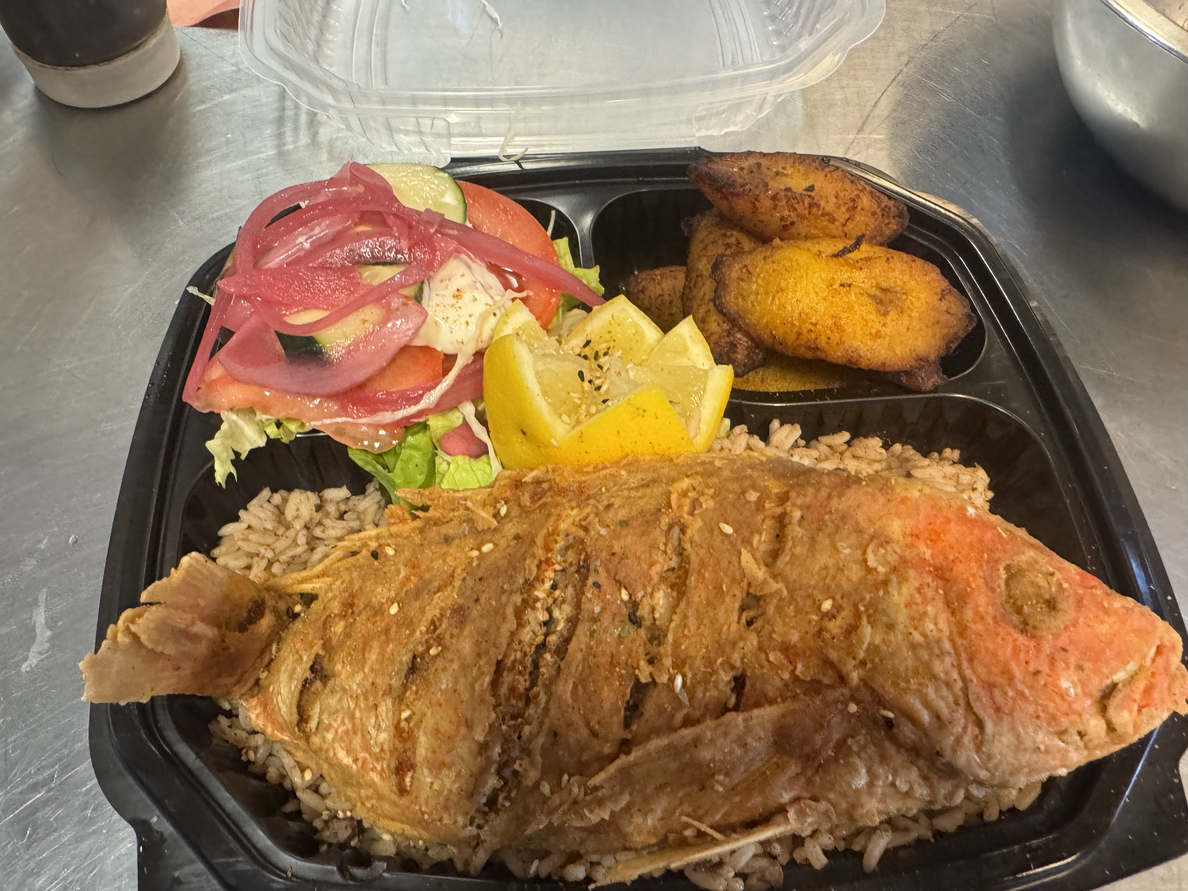 Snapper with Rice, Cabbage and Plantain.