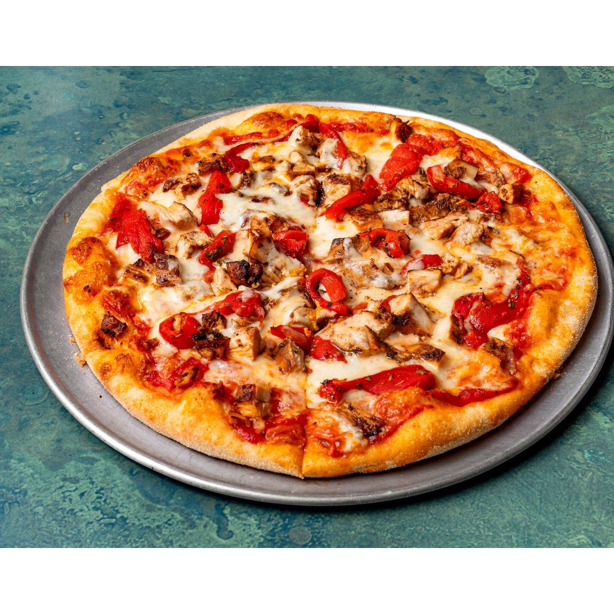 Marinated Chicken & Roasted Pepper Pizza.