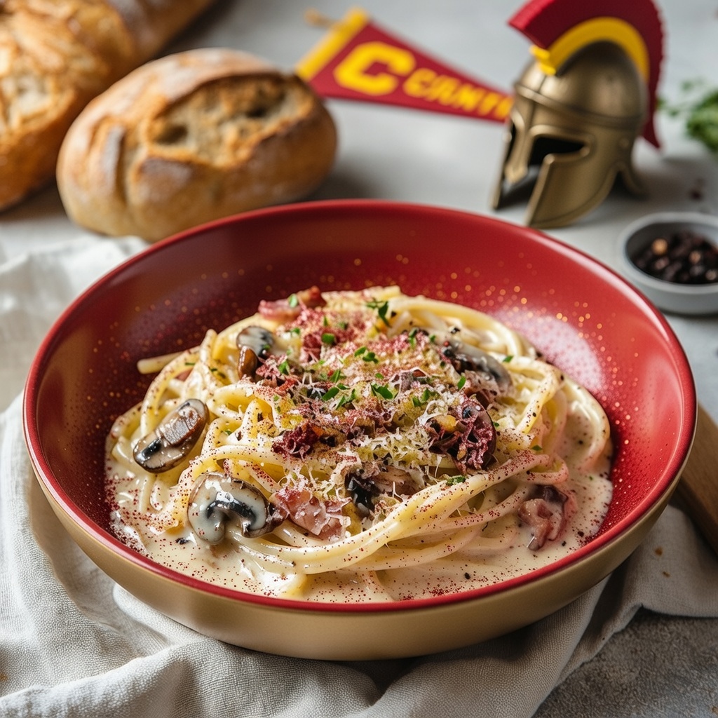 Cardinal Carbonara (Pasta, Pancetta, Alfredo Sauce, Mushrooms, Parmesan).