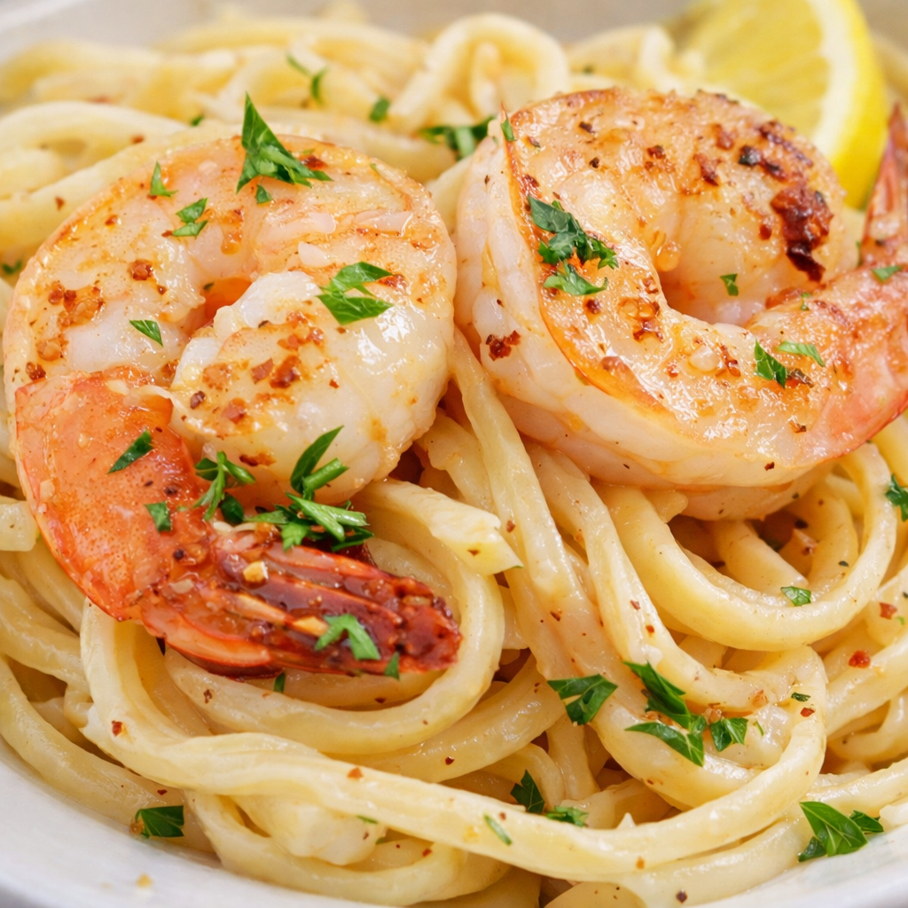 Fettuccine with Tiger Shrimp.