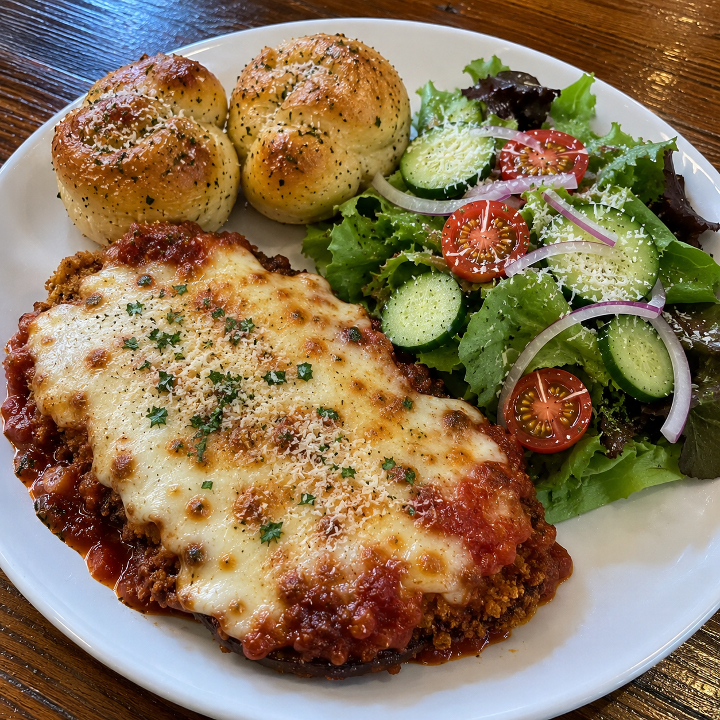 Lunch Eggplant Parmigiana (2 Garlic Knots + Side Salad).
