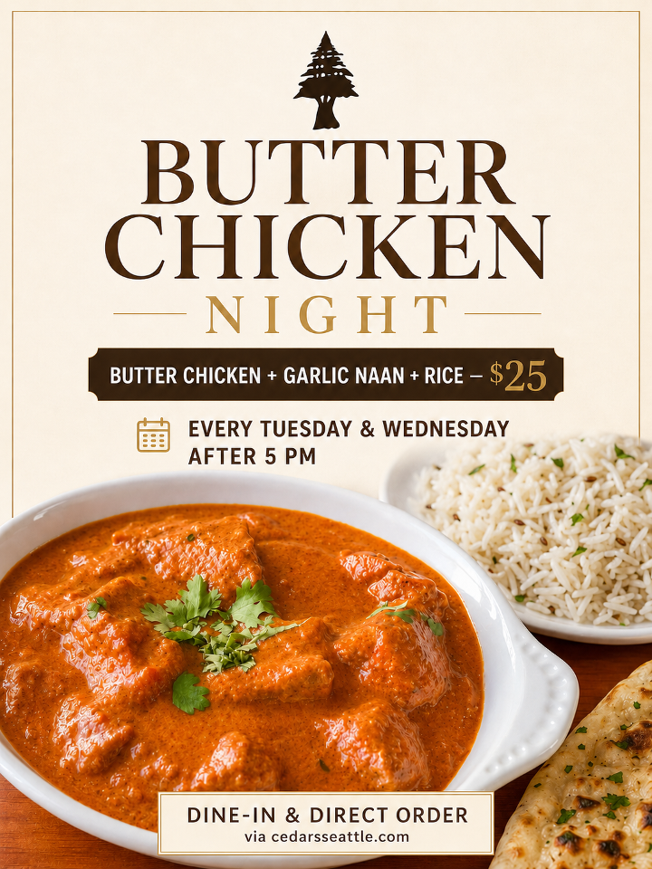 Butter Chicken w/ Garlic Naan & Rice.