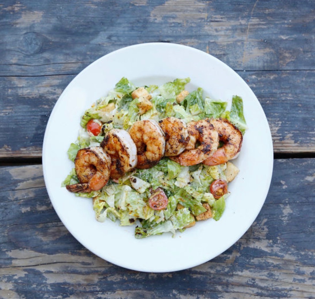 Tiger Prawn Shrimp Caesar Salad.