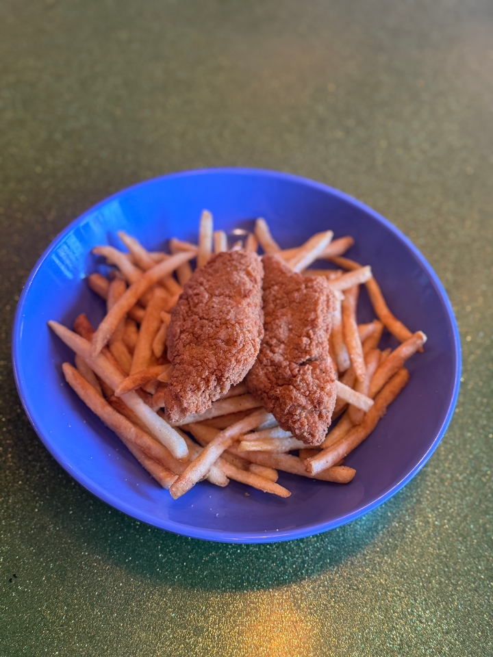 Half VEGAN Chicken Tenders And Fries.