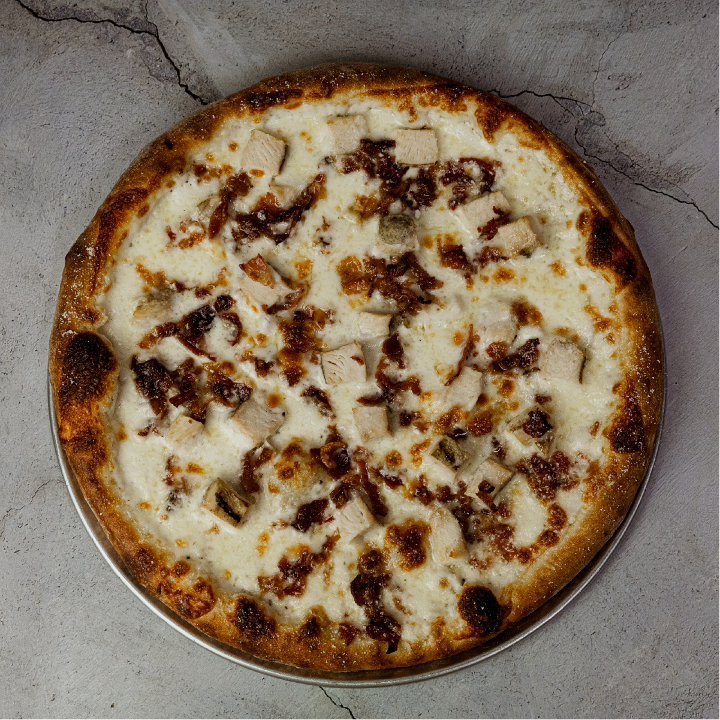 20" Bacon Chicken Alfredo Pizza.