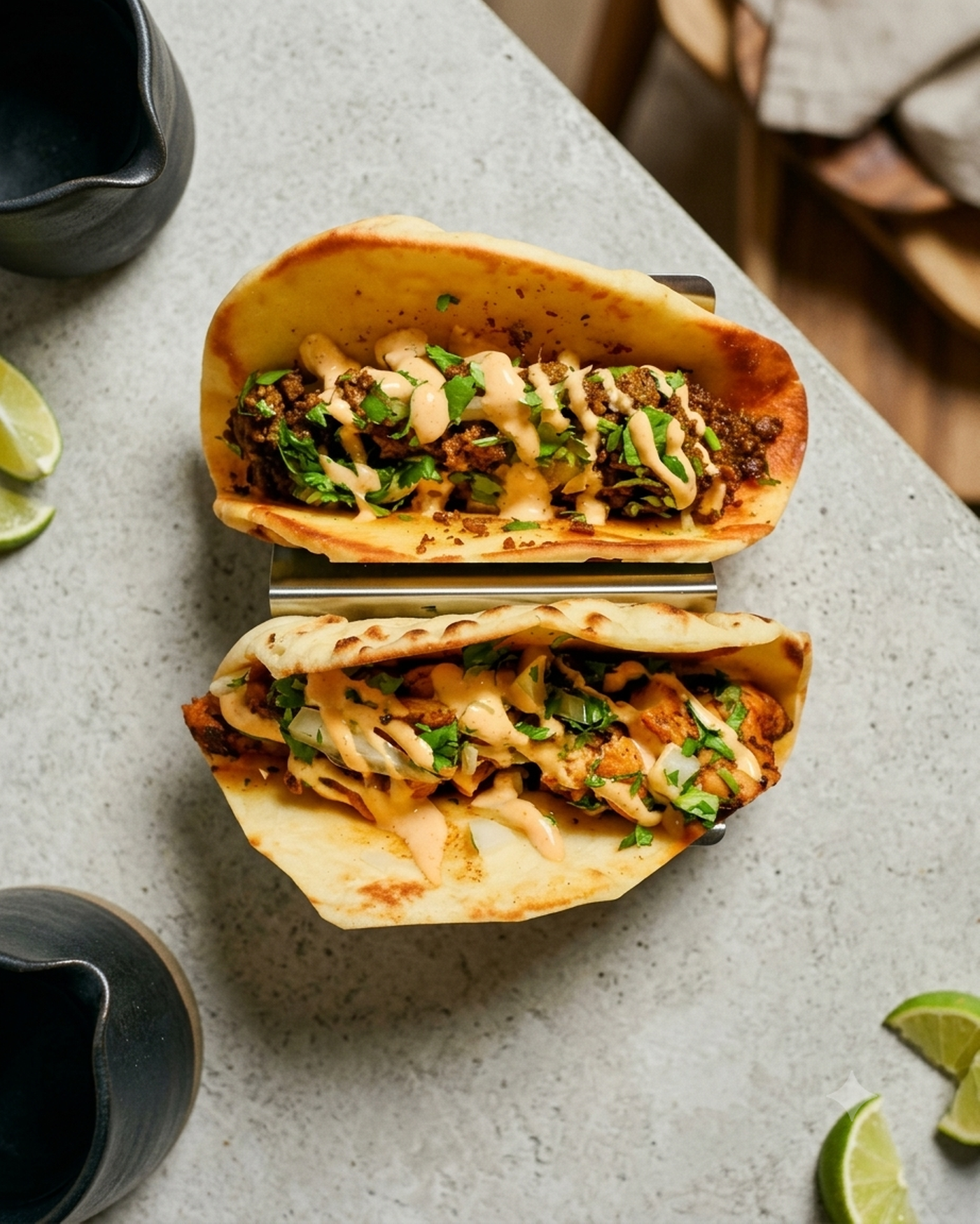 Chipotle Keema Taco & Lemon Chili Chicken Taco.