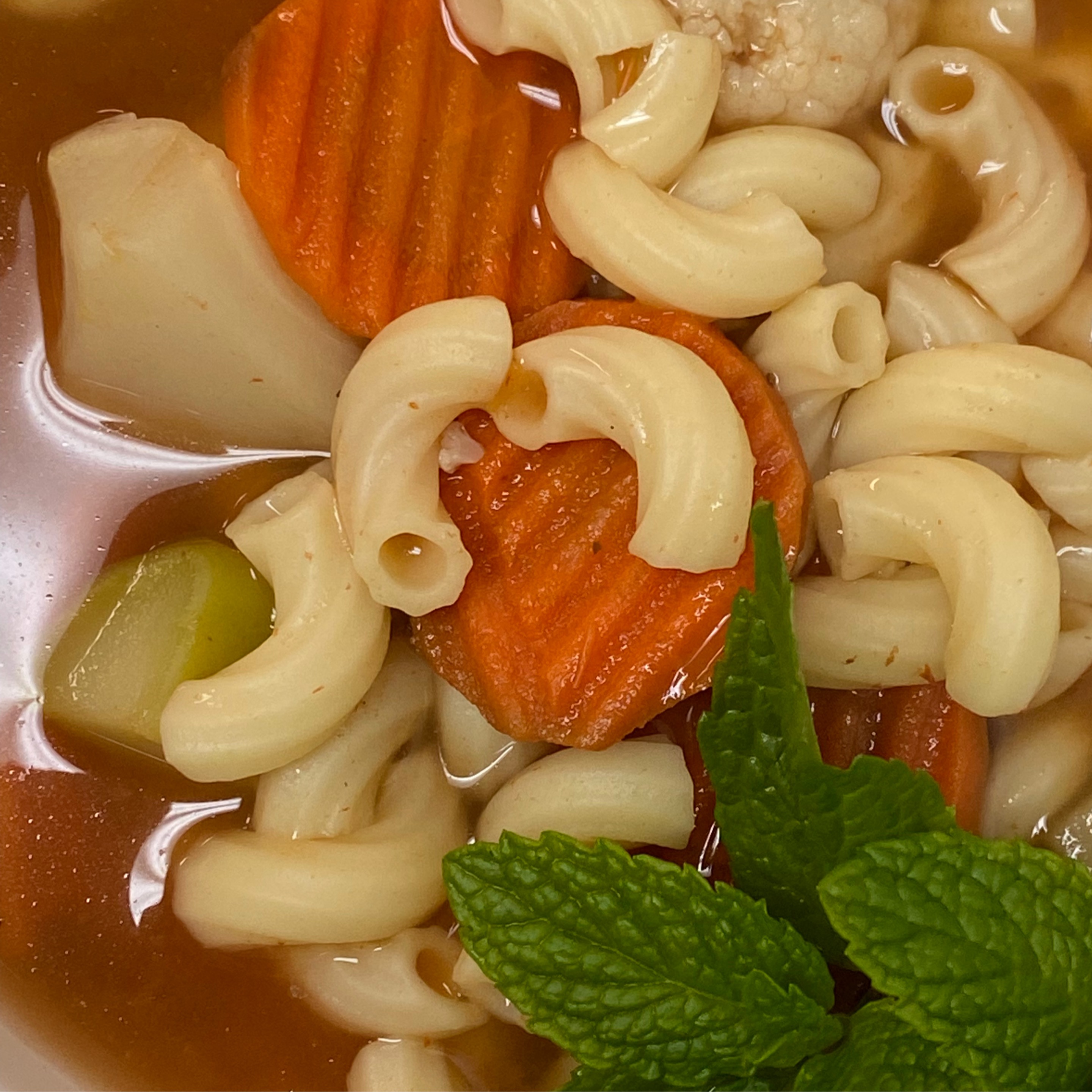 Vegetable Soup (Cooked with Macaroni, Carrots, and Fresh Herbs.) Bread on Side.
