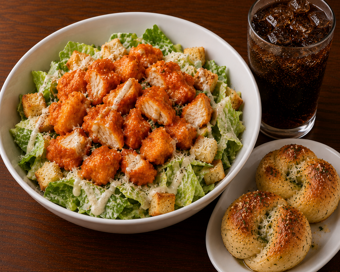 Chicken Buffalo Caesar Salad + 2 Garlic Knots + Drink.