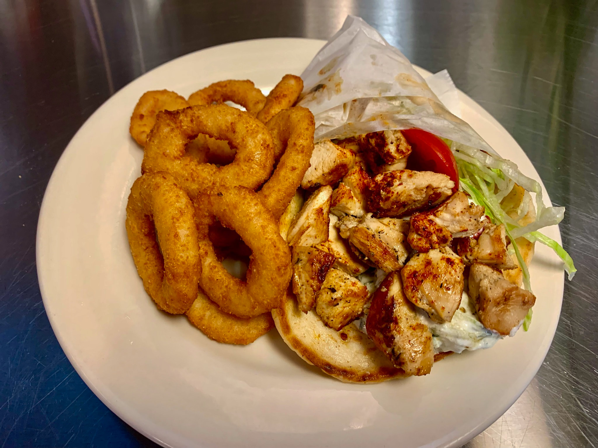 Chicken Pita (add $4 for Onion Rings).
