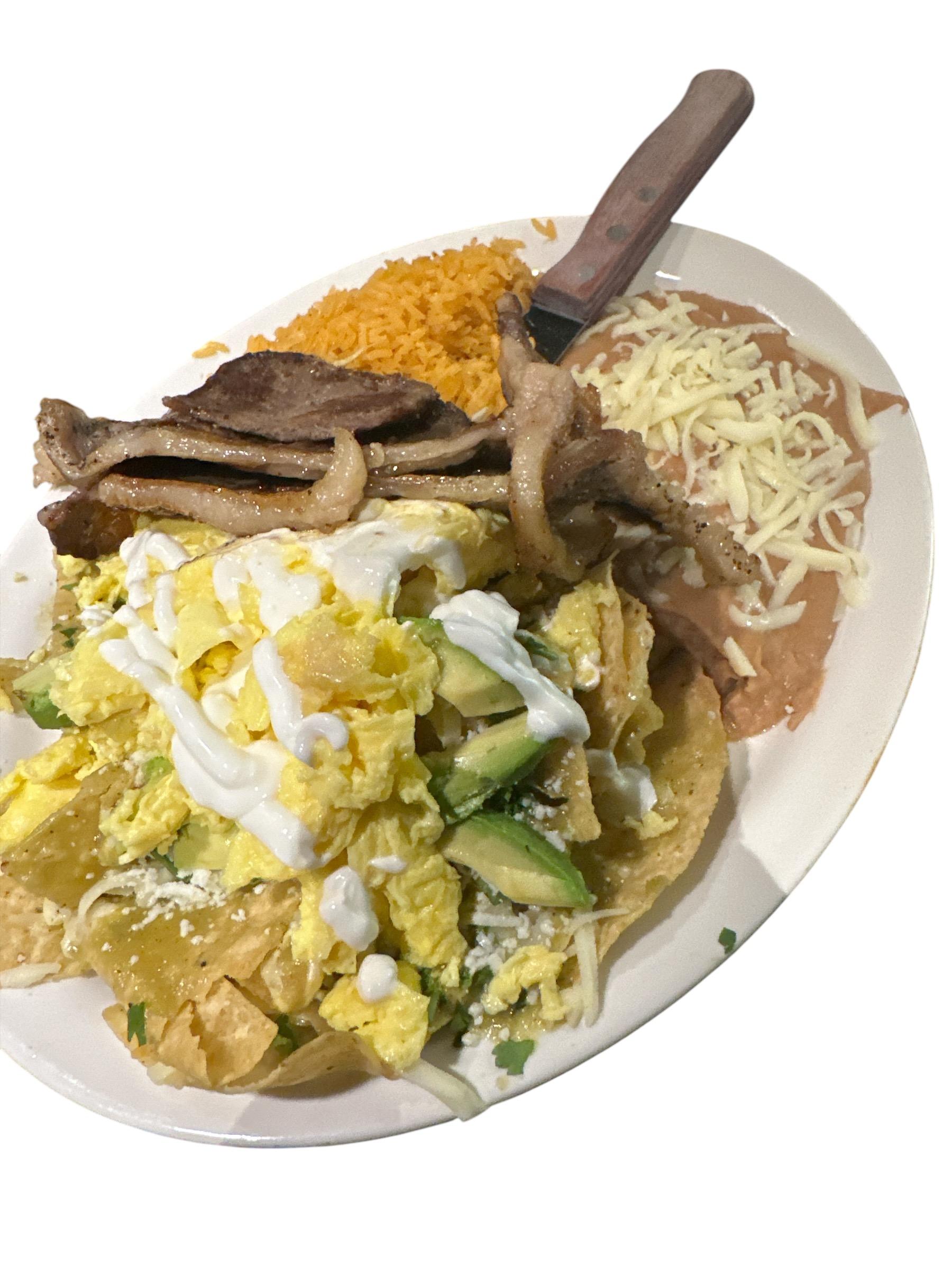 Chilaquiles Rice & Beans and Eggs.