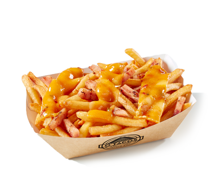 Frites sauce cheddar avec lardons