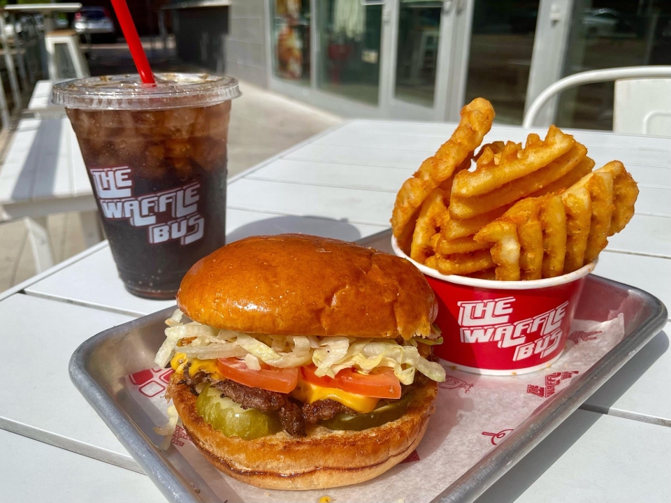 Cheeseburger, Fries, Drink.