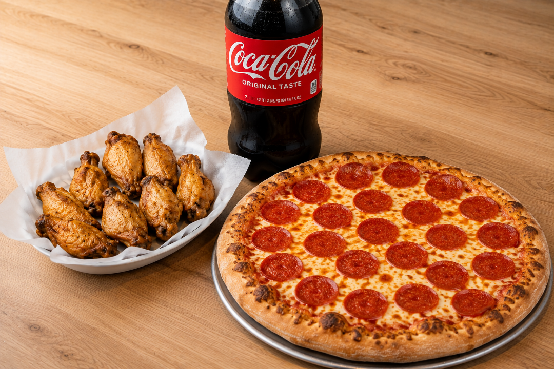 1 Large Pizza 14'' + 10 Wings + 2 Liter Beverage.