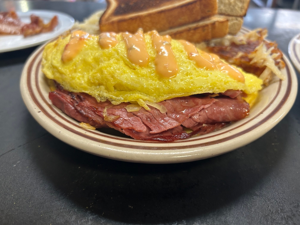 Corned Beef Reuben Omelette.
