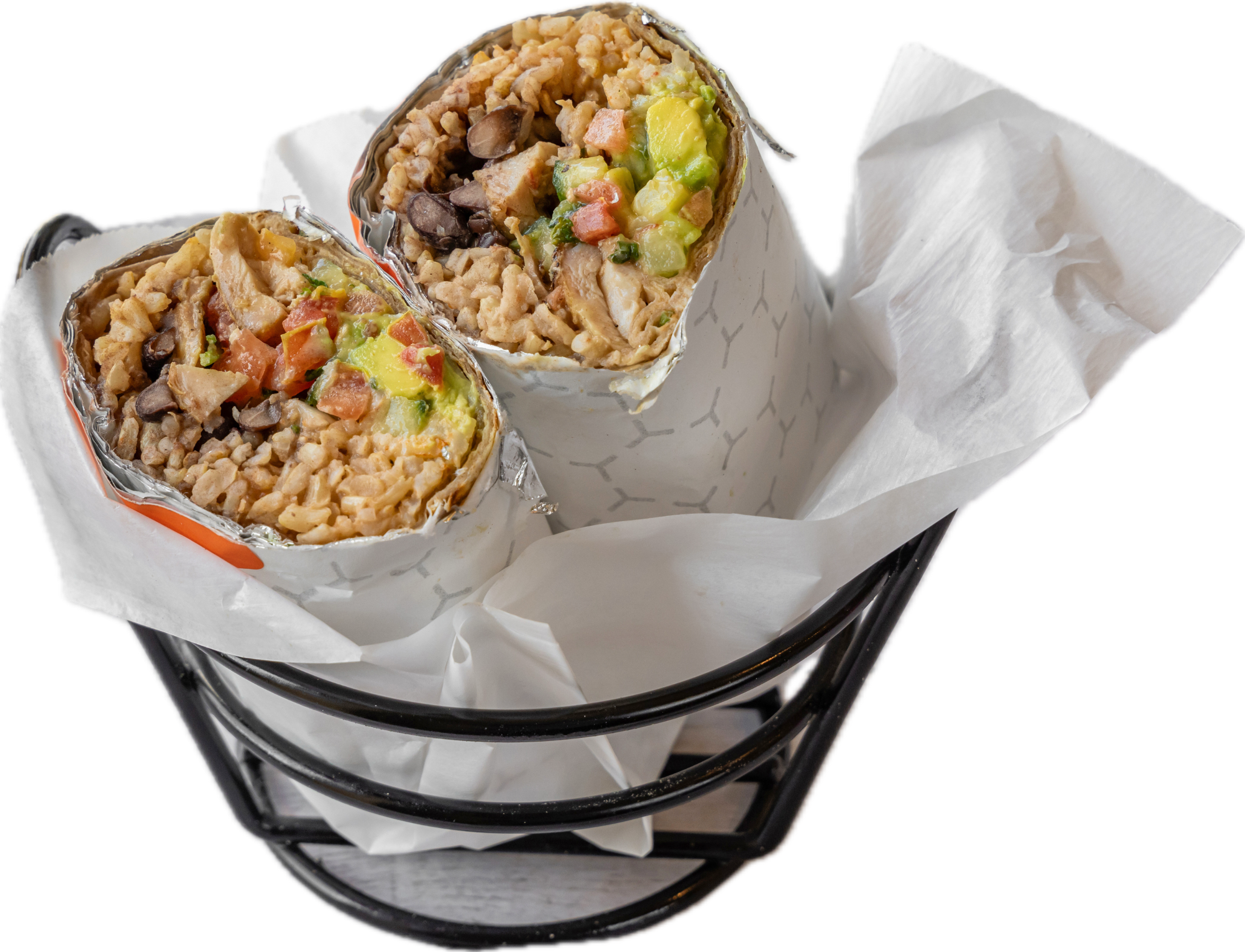Grilled Chicken Shawarma Burrito, Mexican Brown Rice, Black Beans, Avocado Hummus, Israeli Salad, Tahini.