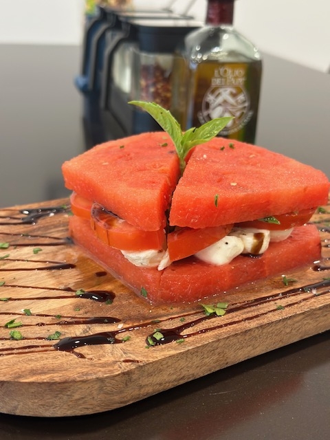 Watermelon & Mozzarella Caprese Salad with Basil.