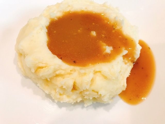 Mashed Potato, Red and Skin-on, with Brown Gravy.