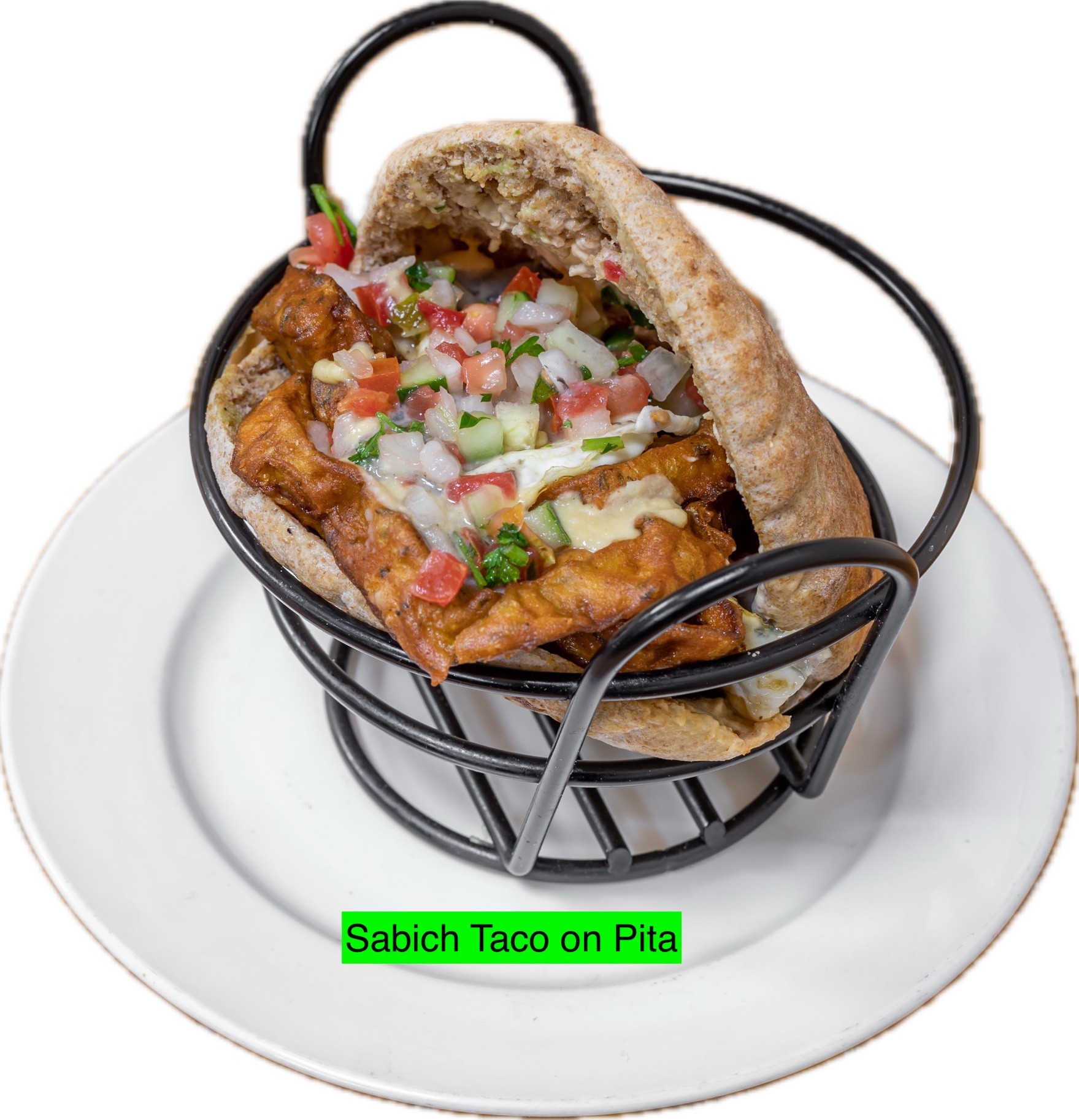 Sabich Fried Eggplant, Fried Egg, Tahini, Mango Pickle, Israeli Salad.