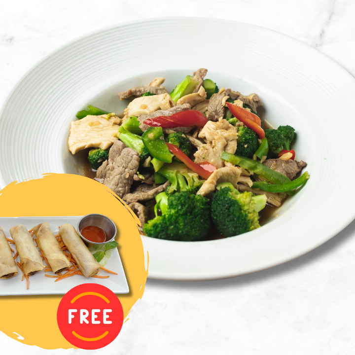 Broccoli Stir-Fry (with FREE Taro Spring Rolls).